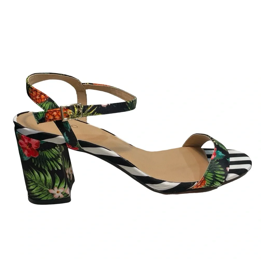[10.5] K STUDIO Tropical Floral Pineapple Stripe Block Heel Sandal Women’s - Picture 2 of 6